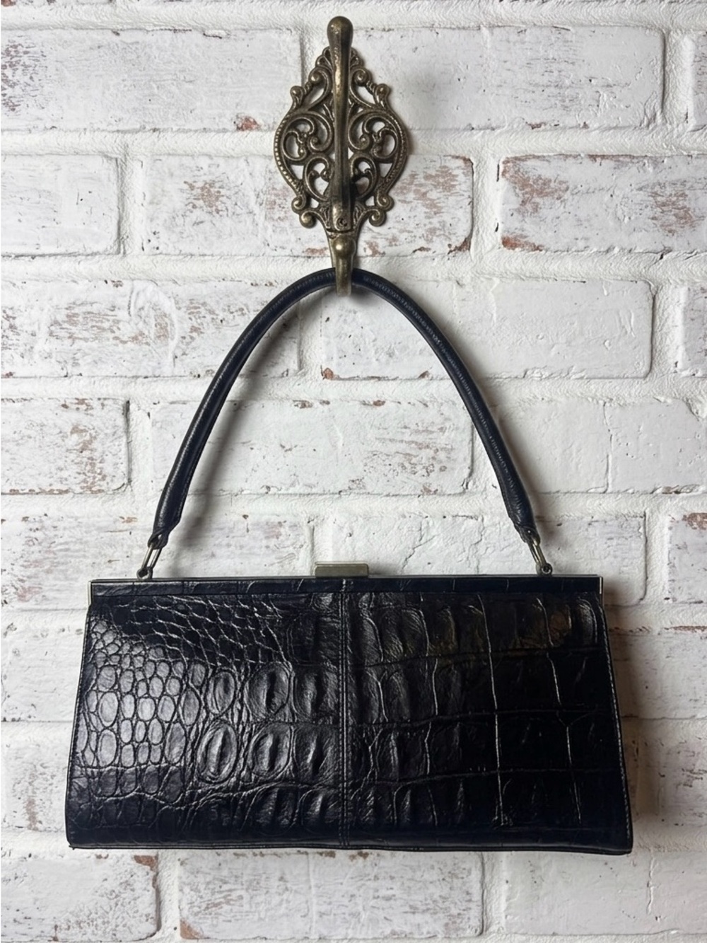 Franco Sarto Black Croc-Embossed Top-Handle Clutch frame bag